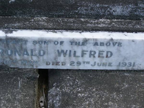 Albert J. ABRAHAM,  | died 19 Nov 1958 in his 72nd year;  | Blanche Marion,  | died 4 Jan 1964 aged 69 years;  | Ronald Wilfred,  | infant son,  | born 20 May,  | died 29 June 1931;  | Mudgeeraba cemetery, City of Gold Coast  | 