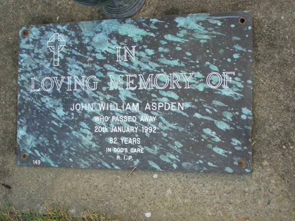 John William ASPDEN,  | died 20 Jan 1992 aged 82 years;  | Mudgeeraba cemetery, City of Gold Coast  | 