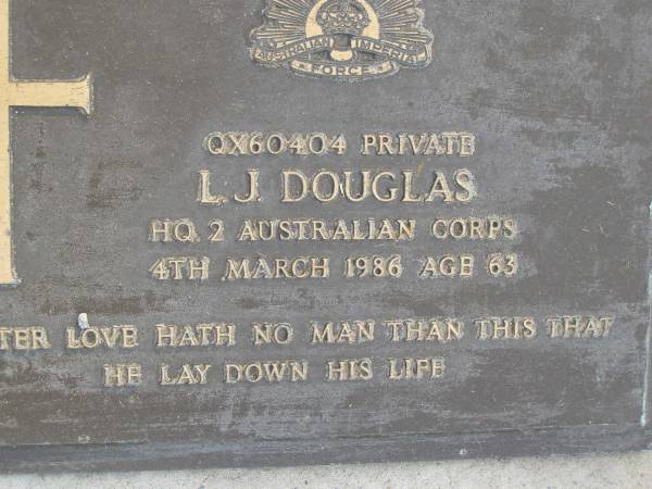 L.J. DOUGLAS,  | died 4 March 1986 aged 63 years;  | Evelyn Pearl DOUGLAS,  | wife of Leslie James,  | mother of Leslie Gavin & Malcolm Colin;  | Mudgeeraba cemetery, City of Gold Coast  | 
