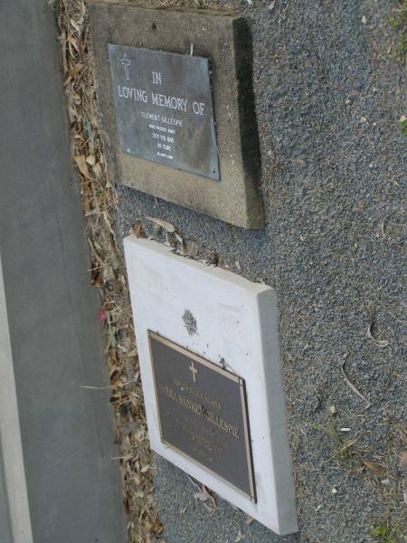 Clement GILLESPIE,  | died 25 Feb 1990 aged 80 years;  | Vera SANKEY-GILLESPIE,  | 12-10-1914 - 10-06-2007;  | Mudgeeraba cemetery, City of Gold Coast  | 