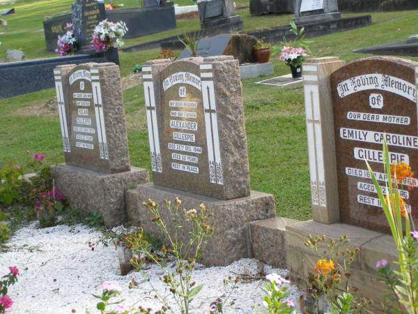 Emily Caroline GILLESPIE,  | mother,  | died 16 April 1968 aged 82 years;  | Alexander GILLESPIE,  | husband father,  | died 25 Dec 1944 aged 62 years;  | Nolan GILLESPIE,  | son brother,  | died 21 May 1937 age 23 years;  | Mudgeeraba cemetery, City of Gold Coast  | 