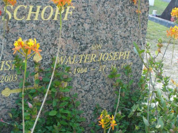 Johanna Franziska SCHOPF,  | wife mother,  | 22-4-1937 - 29-3-2003;  | Walter Joseph,  | son,  | 21-3-1964 - 27-11-1997;  | Mudgeeraba cemetery, City of Gold Coast  | 