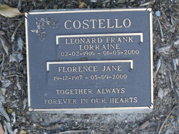 Leonard Frank Lorraine COSTELLO,  | 02-02-1916 - 01-05-2000;  | Florence Jane COSTELLO,  | 19-12-1917 - 05-09-2000;  | Mudgeeraba cemetery, City of Gold Coast  | 