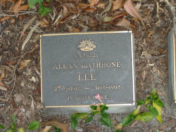 Allan Rathbone LEE,  | 27-6-1918 - 31-8-1998;  | Mudgeeraba cemetery, City of Gold Coast  | 