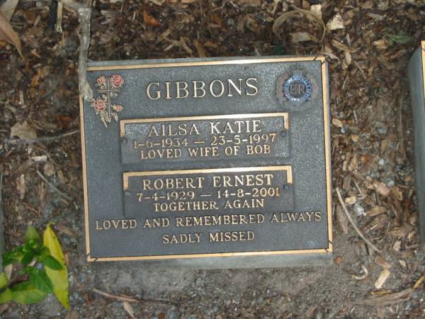 Ailsa Katie GIBBONS,  | 1-6-1934 - 23-5-1997,  | wife of Bob;  | Robert Ernest GIBBONS,  | 7-3-1929 - 14-8-2001;  | Mudgeeraba cemetery, City of Gold Coast  | 