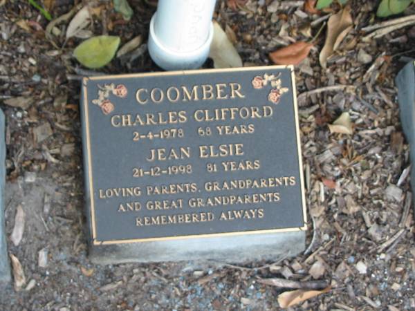 Charles Clifford COOMBER,  | died 2-4-1978 aged 68 years;  | Jean Elsie COOMBER,  | died 21-12-1998 aged 81 years;  | parents grandparents great=grandparents;  | Mudgeeraba cemetery, City of Gold Coast  | 