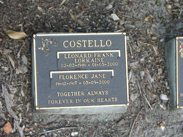 Leonard Frank Lorraine COSTELLO,  | 02-02-1916 - 01-05-2000;  | Florence Jane COSTELLO,  | 19-12-1917 - 05-09-2000;  | Mudgeeraba cemetery, City of Gold Coast  | 