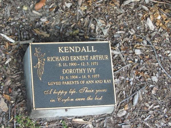 Richard Ernest Arthur KENDALL,  | 5-11-1900 - 12-3-1971;  | Dorothy Ivy KENDALL,  | 19-6-1904 - 14-9-1977;  | parents of Ann & Kay;  | Mudgeeraba cemetery, City of Gold Coast  | 