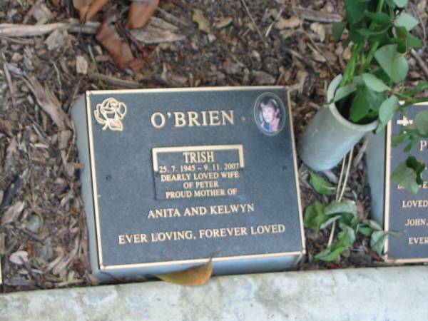 Trish O'BRIEN,  | 25-7-1945 - 8-11-2007,  | wife of Peter,  | mother of Anita, Kelwyn;  | Mudgeeraba cemetery, City of Gold Coast  | 
