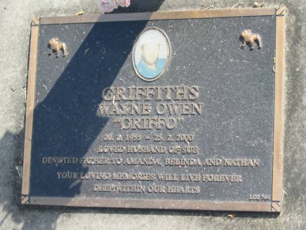 Wayne Owen (Griffo) GRIFFITHS,  | 20-2-1955 - 25-2-2000,  | husband of Sue,  | father of Amanda, Belinda & Nathan;  | Mudgeeraba cemetery, City of Gold Coast  | 