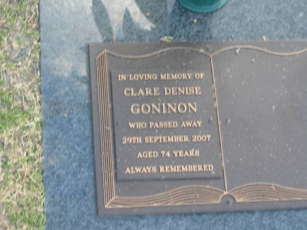 Clare Denise GONINON,  | died 29 Sept 2007 aged 74 years;  | Mudgeeraba cemetery, City of Gold Coast  | 