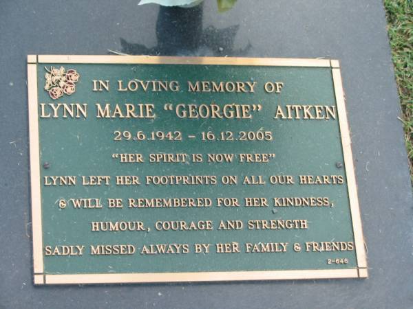 Lynn Marie (Georgie) AITKEN,  | 29-6-1942 - 16-12-2005;  | Mudgeeraba cemetery, City of Gold Coast  | 