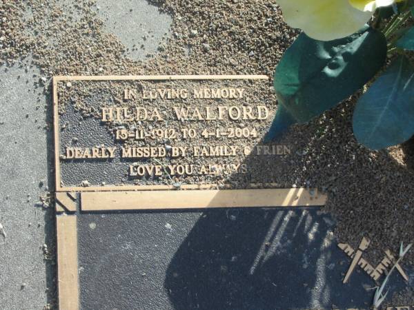 William John Lambert WALFORD,  | died 18 July 2000 aged 93 years;  | husband of Hilda Kathleen WALFORD,  | father of Barry & Lorraine,  | grandfather uncle;  | Hilda WALFORD,  | 15-11-1912 - 4-1-2004;  | Mudgeeraba cemetery, City of Gold Coast  | 