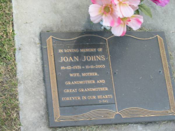 Joan JOHNS,  | 16-12-1931 - 11-11-2003,  | wife mother grandmother great-grandmother;  | Mudgeeraba cemetery, City of Gold Coast  | 
