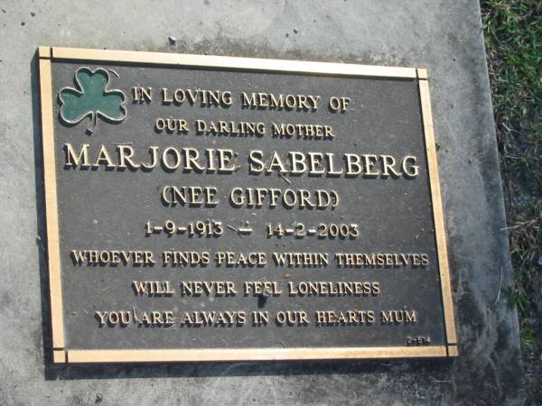 Marjorie SABELBERG (nee GIFFORD),  | 1-9-1913 - 14-2-2003,  | mother;  | Mudgeeraba cemetery, City of Gold Coast  | 