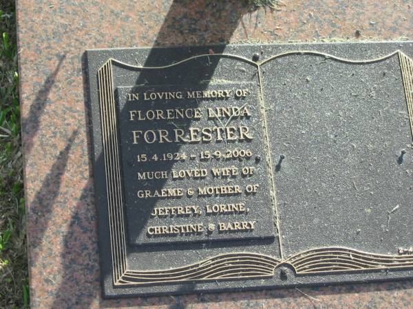 Florence Linda FORRESTER,  | 15-4-1924 - 15-9-2006,  | wife of Graeme,  | mother of Jeffrey, Lorine, Christine & Barry;  | Mudgeeraba cemetery, City of Gold Coast  | 