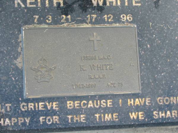 Keith WHITE,  | 7-3-21 - 17-12-96 aged 75 years;  | Mudgeeraba cemetery, City of Gold Coast  | 
