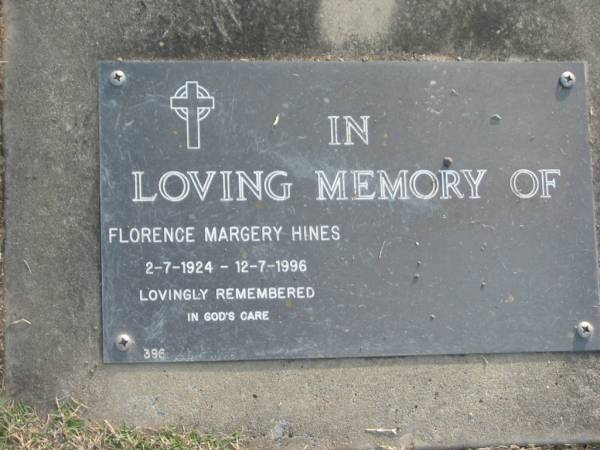 Florence Margery HINES,  | 2-7-1924 - 12-7-1996;  | Mudgeeraba cemetery, City of Gold Coast  | 