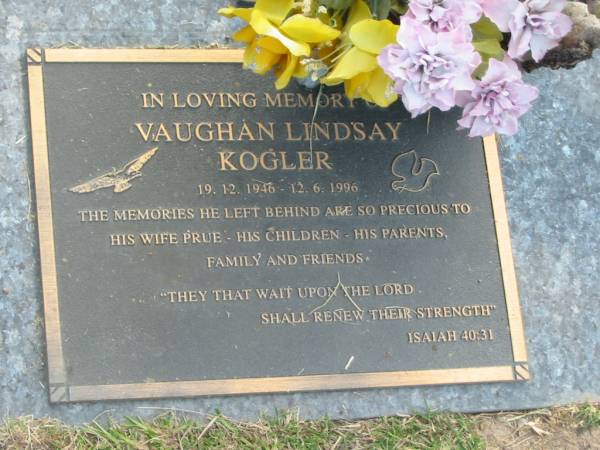 Vaughan Lindsay KOGLER,  | 19-12-1946 - 12-6-1996,  | wife Prue;  | Mudgeeraba cemetery, City of Gold Coast  | 