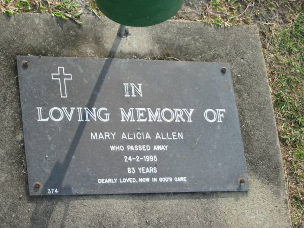 Mary Alicia ALLEN,  | died 24-2-1995 aged 83 years;  | Mudgeeraba cemetery, City of Gold Coast  | 