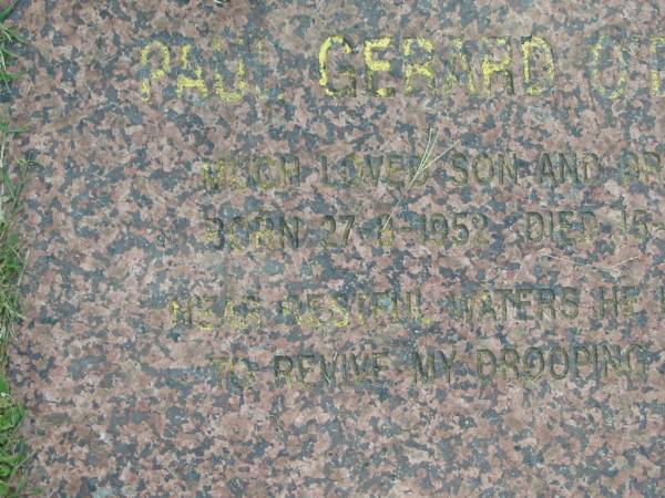 Paul Gerard O'BRIEN,  | son brother,  | born 27-8-1952,  | died 15-1-1993?;  | Mudgeeraba cemetery, City of Gold Coast  | 