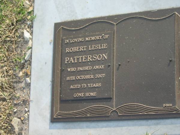 Robert Leslie PATTERSON,  | died 16 Oct 2007 aged 73 years;  | Mudgeeraba cemetery, City of Gold Coast  | 