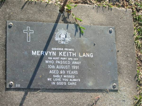Mervyn Keith LANG,  | died 10 Aug 1991 aged 69 years;  | Mudgeeraba cemetery, City of Gold Coast  | 