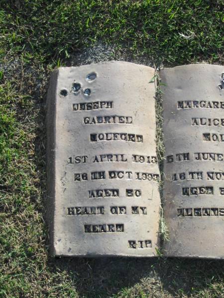 Joseph Gabriel WOLFORD?,  | 1 April 1913 - 26 Oct 1993 aged 80 years;  | Margaret Alice WOLFORD?,  | 6 June 1913 - 16 Nov 1995 aged 82 years;  | Mudgeeraba cemetery, City of Gold Coast  | 