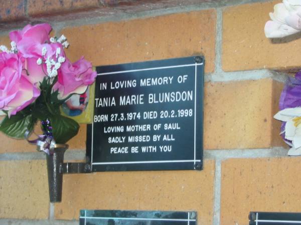 Tania Marie BLUNSDON,  | born 27-3-1974,  | died 20-2-1998,  | mother of Saul;  | Mudgeeraba cemetery, City of Gold Coast  | 