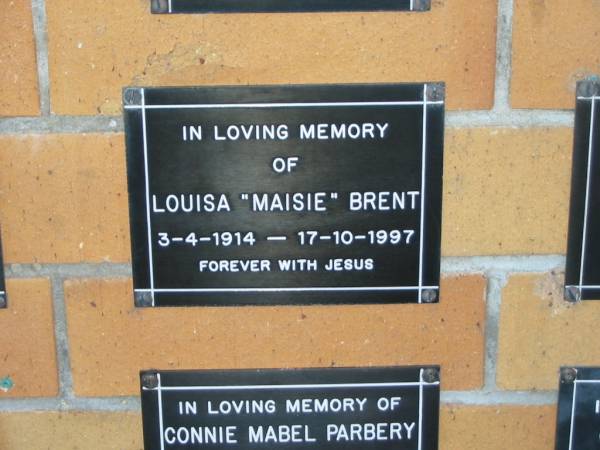 Louisa (Maisie) BRENT,  | 3-4-1914 - 17-10-1997;  | Mudgeeraba cemetery, City of Gold Coast  | 
