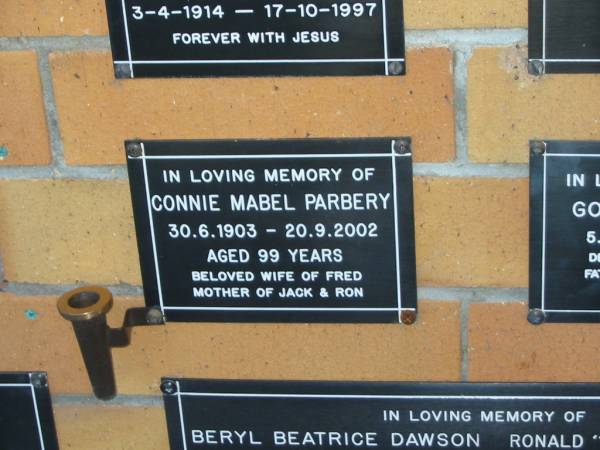 Connie Mabel PARBERY,  | 30-6-1903 - 20-9-2002 aged 99 years,  | wife of Fred,  | mother of Jack & Ron;  | Mudgeeraba cemetery, City of Gold Coast  | 