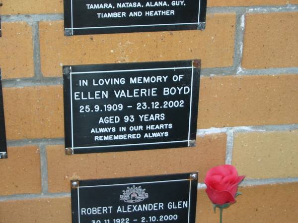Ellen Valerie BOYD,  | 25-9-1909 - 23-12-2002 aged 93 years;  | Mudgeeraba cemetery, City of Gold Coast  | 