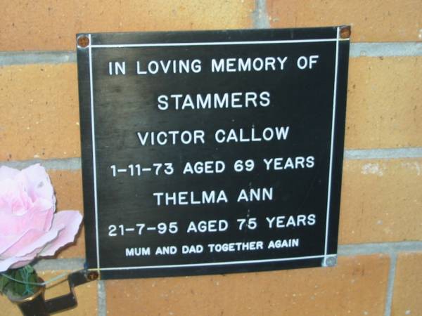 Victor Callow STAMMERS,  | died 1-11-73 aged 69 years,  | dad;  | Thelma Ann STAMMERS,  | died 21-7-95 aged 75 years,  | mum;  | Mudgeeraba cemetery, City of Gold Coast  | 