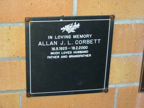 Allan J.L. CORBETT,  | 16-9-1925 - 18-2-2000,  | husband father grandfather;  | Mudgeeraba cemetery, City of Gold Coast  | 