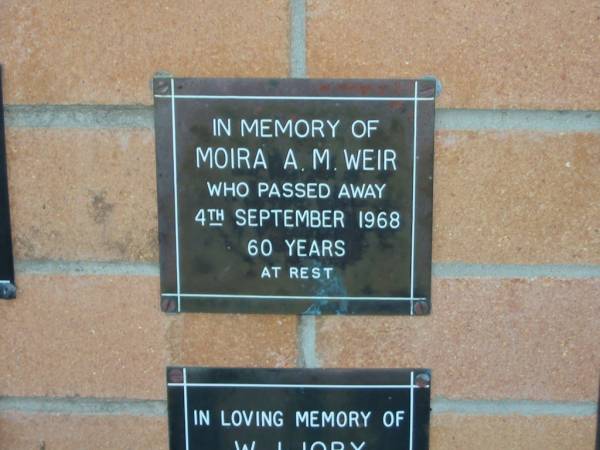 Moria A.M. WEIR,  | died 4 Sept 1968 aged 60 years;  | Mudgeeraba cemetery, City of Gold Coast  | 