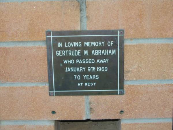 Gertrude M. ABRAHAM,  | died 8 Jan 1969 aged 70 years;  | Mudgeeraba cemetery, City of Gold Coast  | 