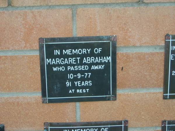 Margaret ABRAHAM,  | died 10-9-77 aged 91 years;  | Mudgeeraba cemetery, City of Gold Coast  | 
