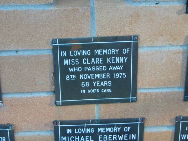 Miss Clare KENNY,  | died 8 Nov 1975 aged 68 years;  | Mudgeeraba cemetery, City of Gold Coast  | 