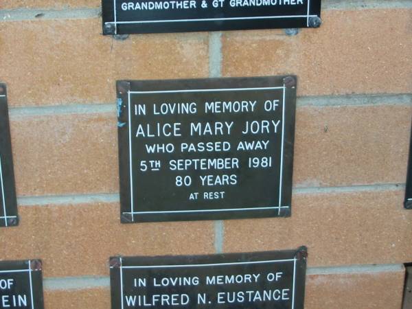 Alice Mary JORY,  | died 5 Sept 1981 aged 80 years;  | Mudgeeraba cemetery, City of Gold Coast  | 