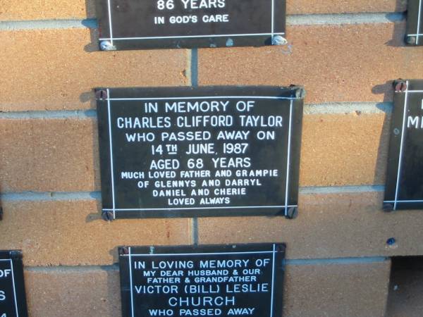 Charles Clifford TAYLOR,  | died 14 June 1987 aged 68 years,  | father and grampie of Glennys & Darryl,  | Daniel & Cherie;  | Mudgeeraba cemetery, City of Gold Coast  | 