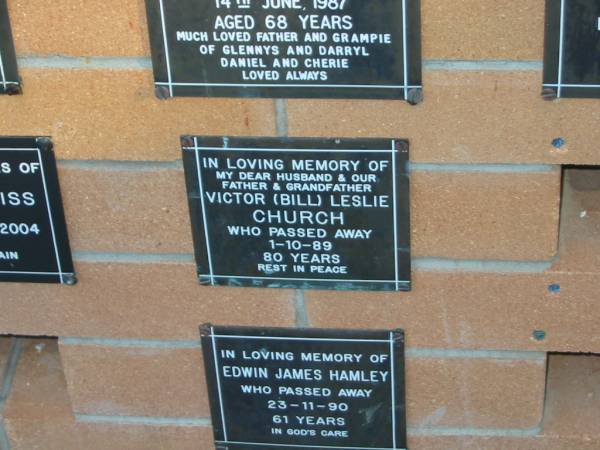 Victor Leslie (Bill) CHURCH,  | died 1-10-89 aged 80 years,  | husband father grandfather;  | Mudgeeraba cemetery, City of Gold Coast  | 
