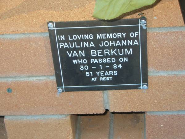 Paulina Johanna VAN BERKUM,  | died 30-1-84 aged 51 years;  | Mudgeeraba cemetery, City of Gold Coast  | 