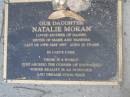 
Natalie MORAN,
daughter,
mother of Daniel,
sister of Mark & Vanessa,
died 10 May 1987 aged 20 years;
Mudgeeraba cemetery, City of Gold Coast
