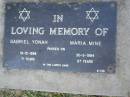 
Gabriel YONAH,
died 19-12-1998 aged 71 years;
Maria MINE,
died 30-5-1984 aged 67 years;
Mudgeeraba cemetery, City of Gold Coast
