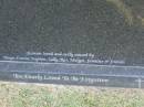
Doreen May BROWNE,
12-3-1945 - 18-12-2000,
loved by Tanya, Connie, Stephen, Sally, Ros & Margot;
Mudgeeraba cemetery, City of Gold Coast
