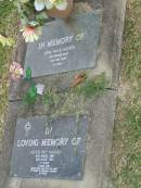 
Edna Maud HUDSON,
died 26 Nov 1984 aged 72 years;
Peter Roy HUDSON,
died 20 Aug 1993 aged 17 years;
Mudgeeraba cemetery, City of Gold Coast
