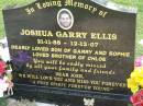 
Joshua Garry ELLIS,
21-11-88 - 12-12-07,
son of Garry & Sophie,
brother of Chloe;
Mudgeeraba cemetery, City of Gold Coast
