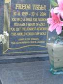 
Freda VELLA,
10-6-1939 - 30-6-2004,
husband Charlie;
Mudgeeraba cemetery, City of Gold Coast
