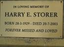 
Harry E. STORER,
born 28-3-1929,
died 20-7-2003;
Mudgeeraba cemetery, City of Gold Coast
