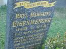 
Rhyl Margaret EISENMENGER,
15-8-58 - 22-2-00,
soulmate of Danny,
mother of Trent & Chloe,
sister of Greg;
Mudgeeraba cemetery, City of Gold Coast
